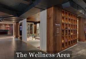 Inside of ABC Emporio Kochi one of the Best Sanitary Ware Showroom in Kerala Wellness Area dedicated for spas and saunas with a text saying the wellness area.