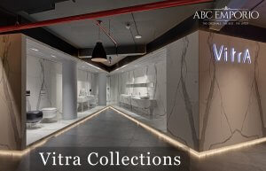 Inside of ABC Emporio Kochi one of the Best Sanitary Ware Showroom in Kerala dedicated area of vitra collections with a text saying vitra collections.