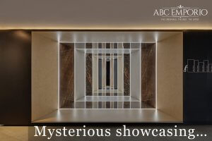 Inside of ABC Emporio Kochi one of the Best Sanitary Ware Showroom in Kerala SHowcasing Tile Areas with a text saying mysterious showcasing.