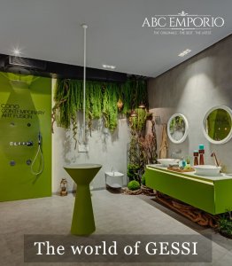 Inside of ABC Emporio Kochi one of the Best Sanitary Ware Showroom in Kerala dedicated area of Gessi with a text saying the world of gessi